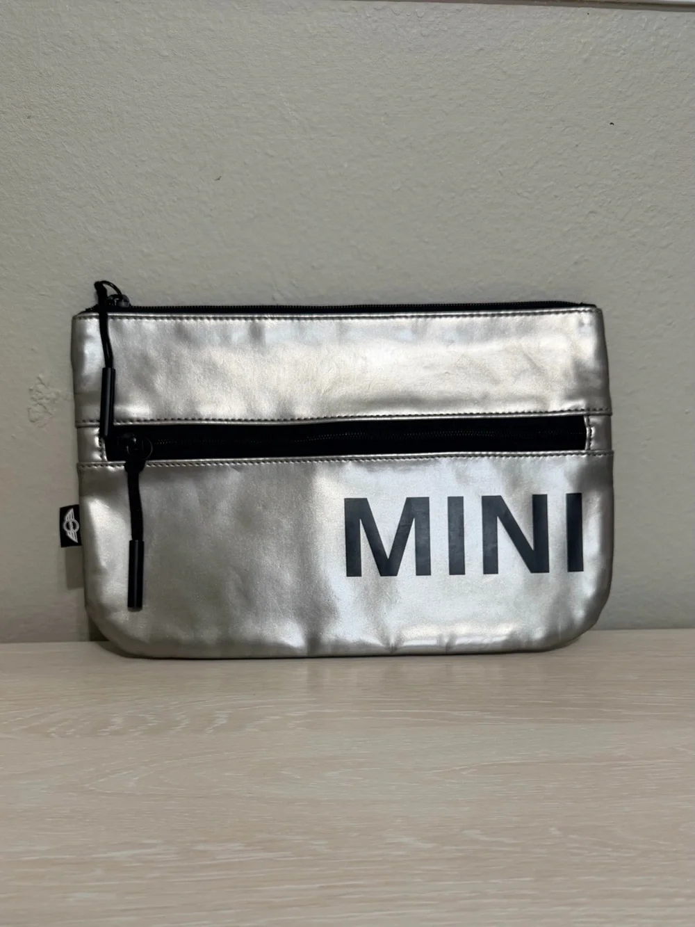 BMW MINI Metallic Silver Cosmetic Pouch with Front Zip